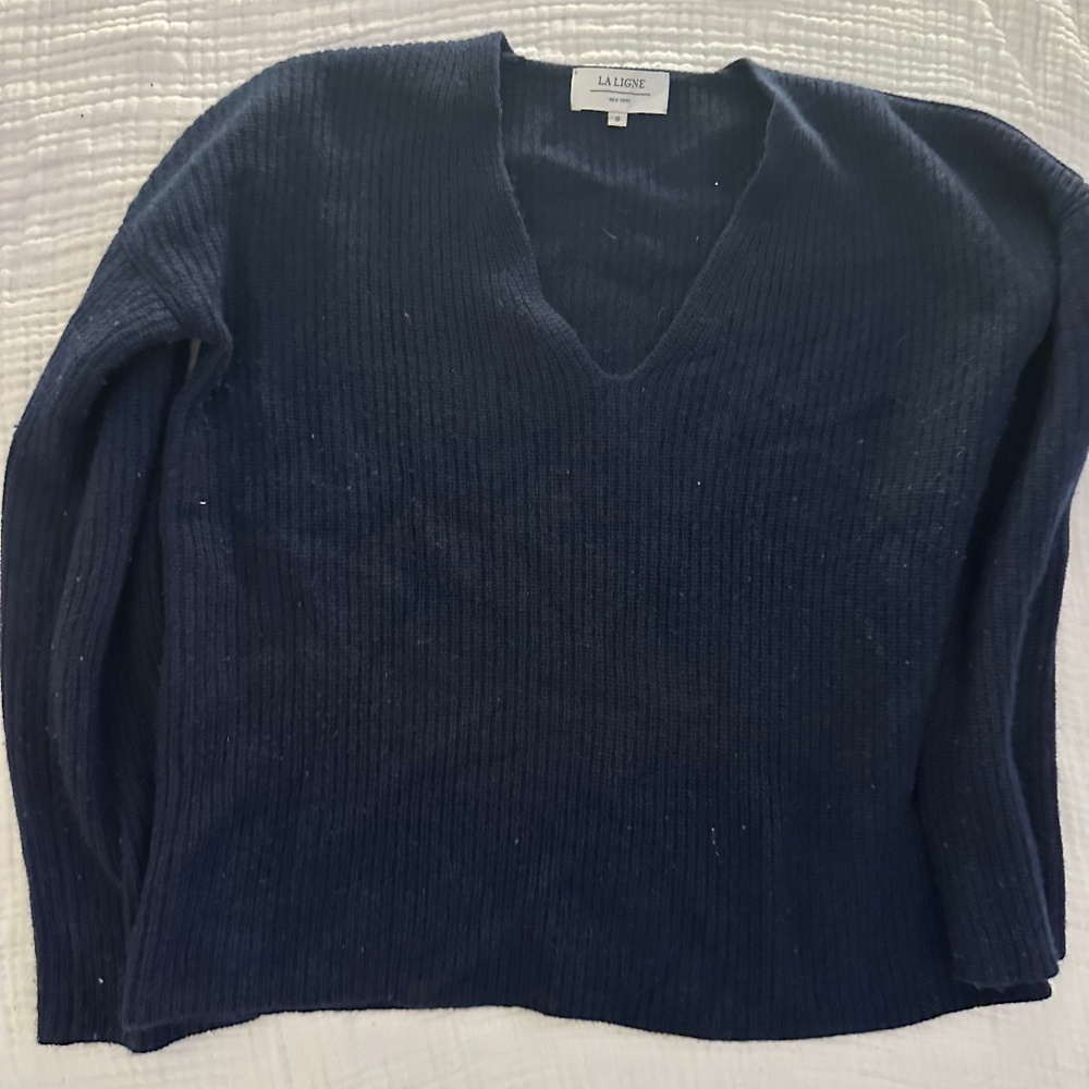 La Ligne Navy Ribbed V-Neck Sweater